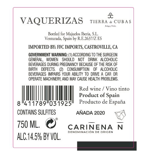 TABC label artwork for TIERRA DE CUBAS VAQUERIZAS GARNACHA