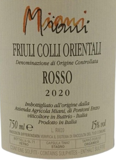TABC label artwork for MIANI ROSSO FRIULI COLLI ORIENTALI