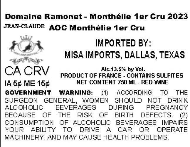 TABC label artwork for DOMAINE JEAN-CLAUDE RAMONET MONTHELIE 1ER CRU