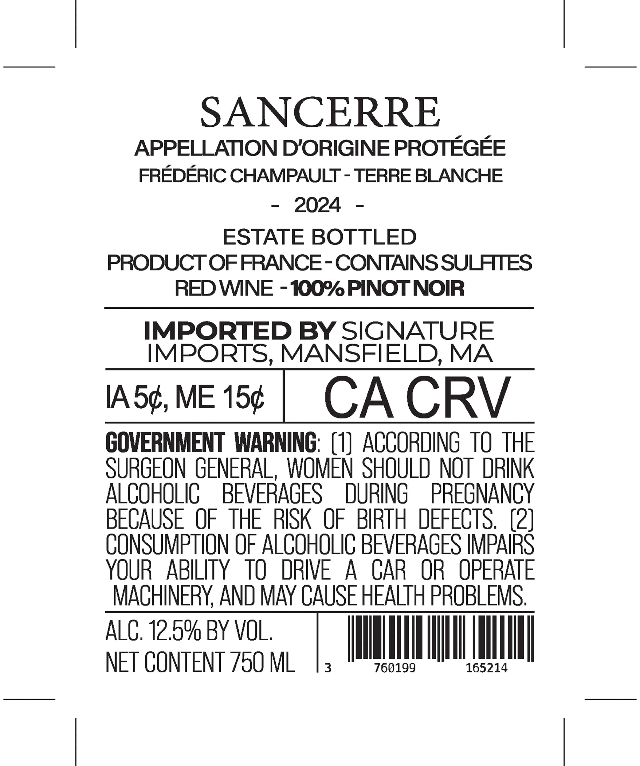 TABC label artwork for Frederic Champault Terre Blanche Sancerre Rouge