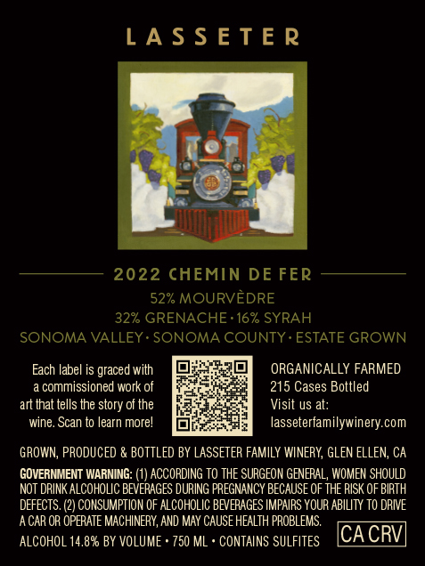 TABC label artwork for Lasseter Red Wine, Sonoma Valley, Chemin de Fer