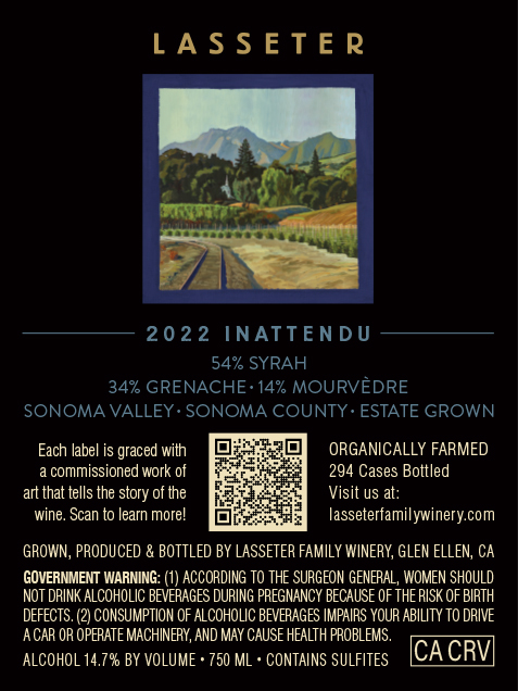TABC label artwork for Lasseter Red Wine, Sonoma Valley, Inattendu