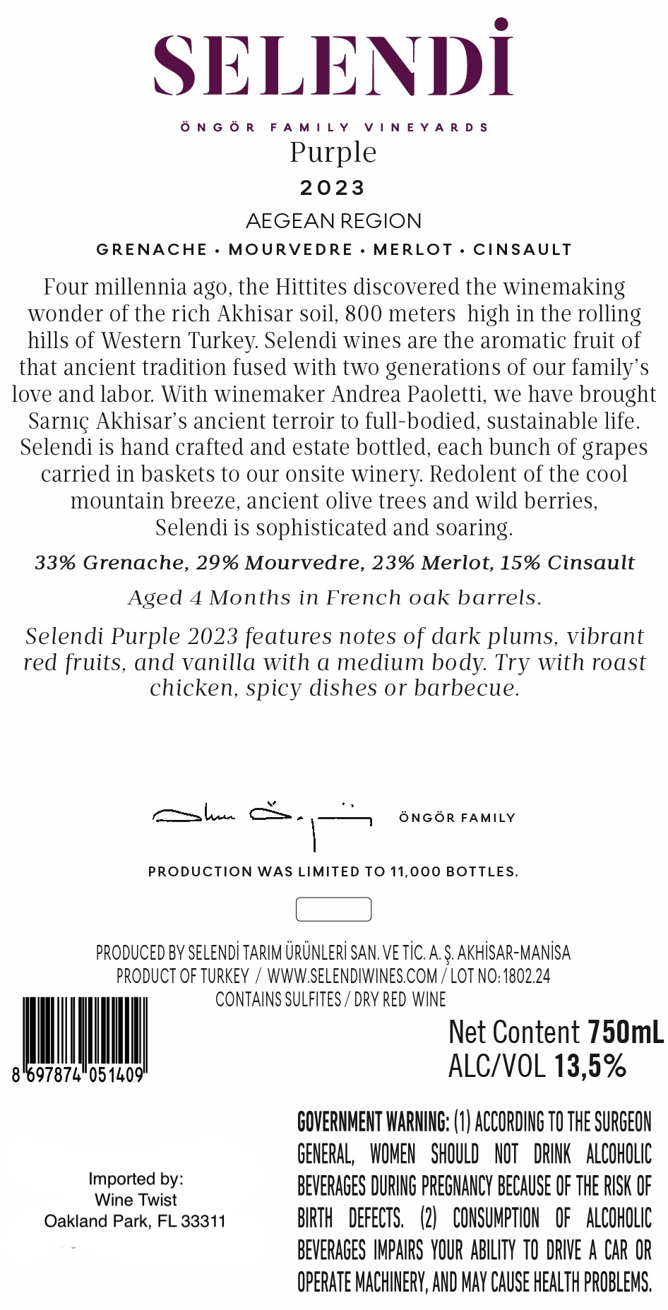 TABC label artwork for Selendi Purple 2023 Akhisar 2023