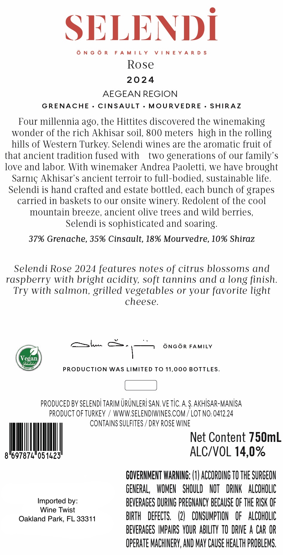 TABC label artwork for Selendi Rose Akhisar 2024