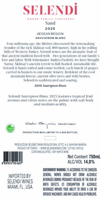 TABC label artwork for Selendi Sauvignon Blanc Akhisar 2025