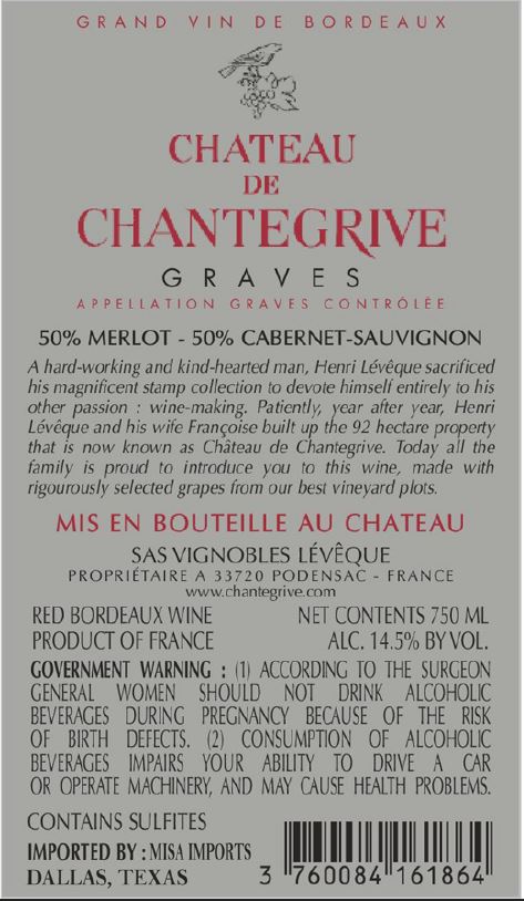 TABC label artwork for CHATEAU DE CHANTEGRIVE HENRI LEVEQUE RED BORDEAUX WINE