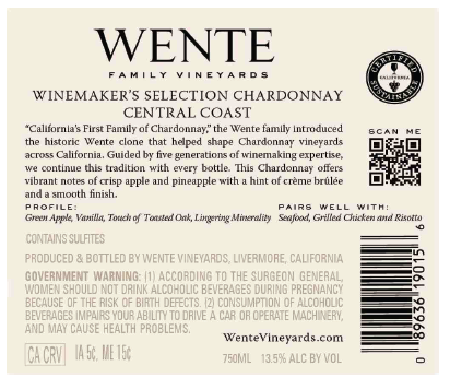TABC label artwork for WENTE FAMILY VINEYARDS WINEMAKERS SELECTION CHARDONNAY