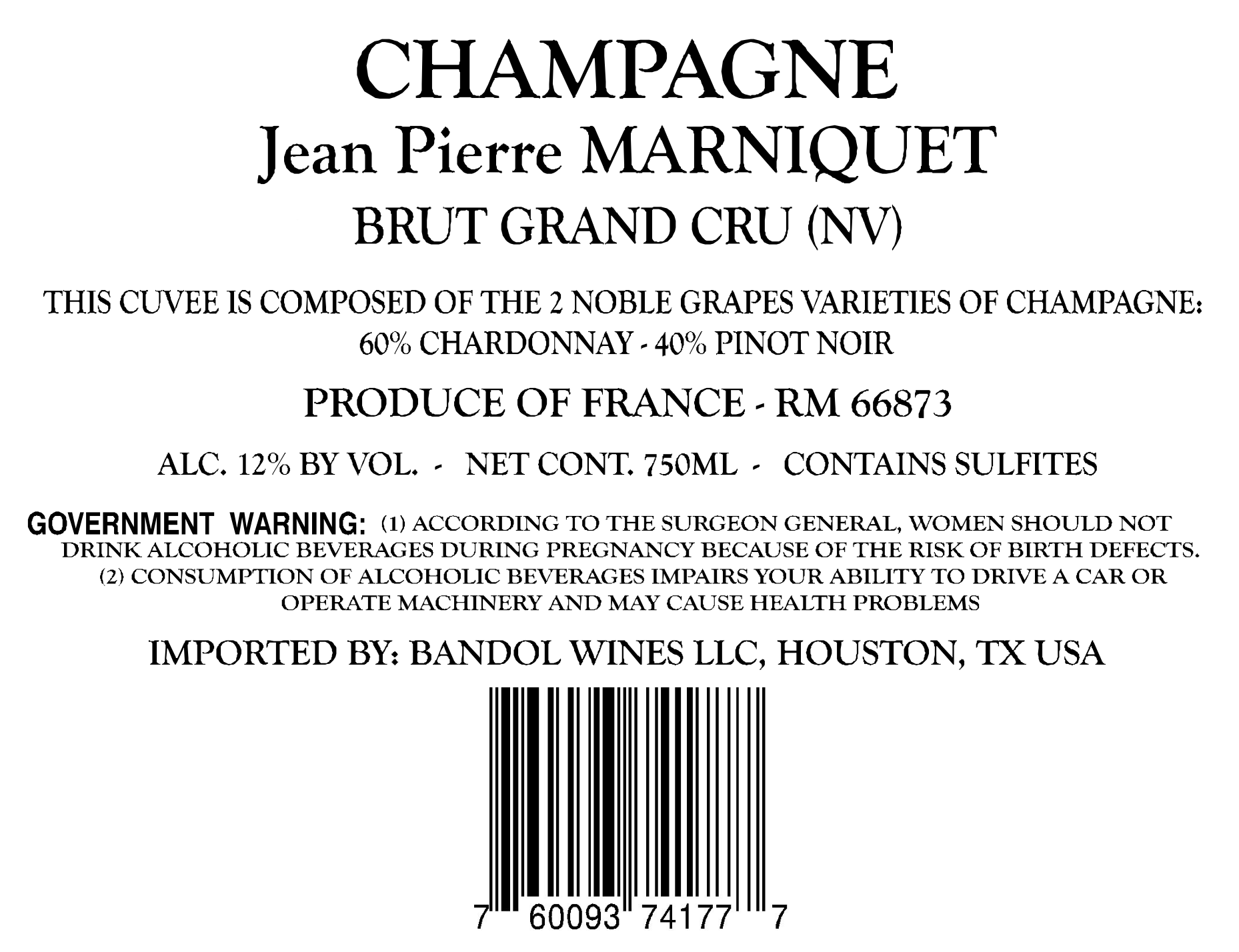 TABC label artwork for MARNIQUET CHAMPAGNE BRUT GRAND CRU