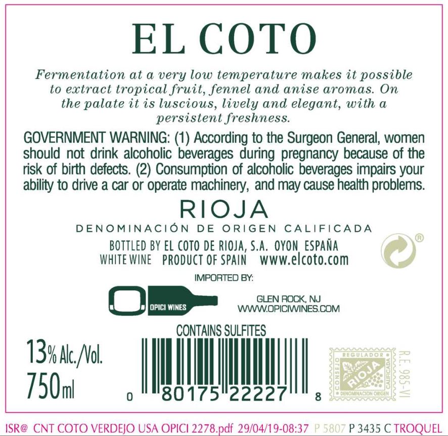 TABC label artwork for EL COTO BLANCO VERDEJO RIOJA