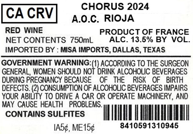 TABC label artwork for CHORUS RIOJA