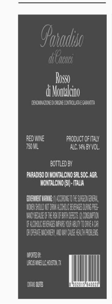 TABC label artwork for PARADISO DI CACUCI ROSSO DI MONTALCINO