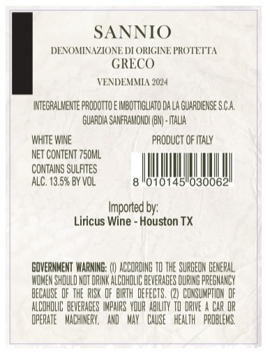 TABC label artwork for LA GUARDIENSE SANNIO GRECO