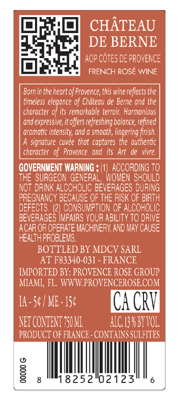 TABC label artwork for Chateau De Berne Cotes De Provence 2025 Rose Wine