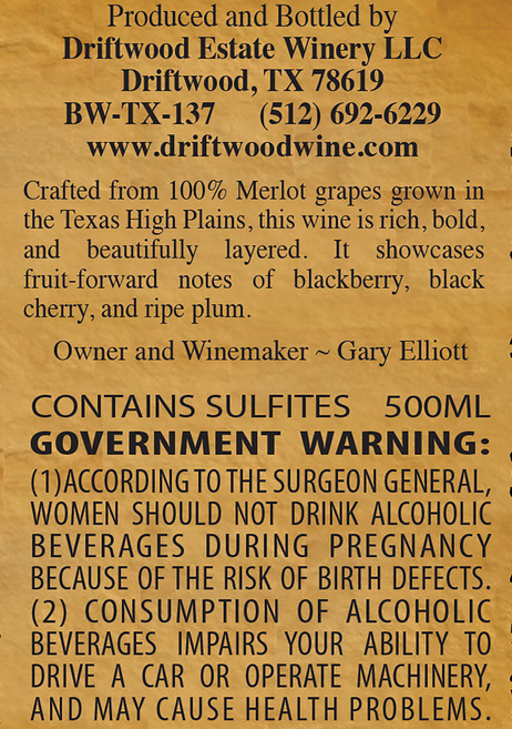 TABC label artwork for Driftwood Estate Winery Bud's Red