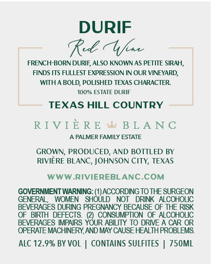 TABC label artwork for Riviere blanc Durif