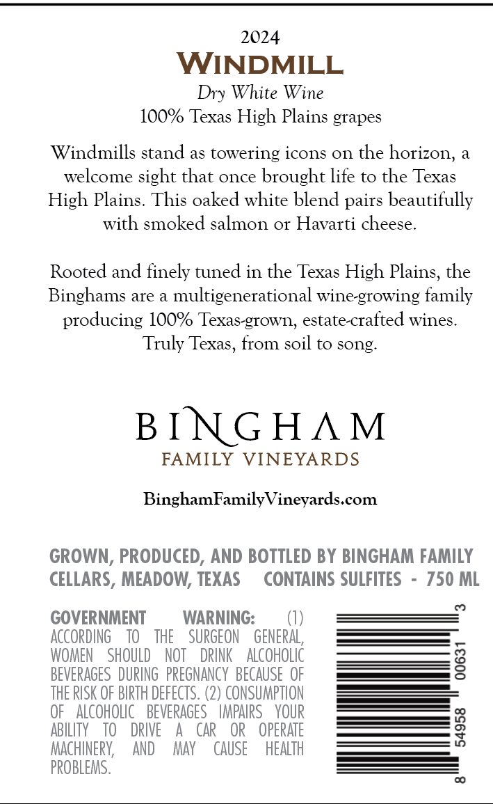 TABC label artwork for Bingham Family Vineyards Windmill 2024