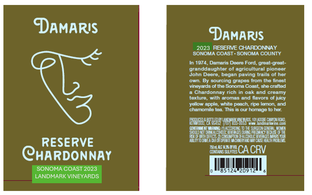 TABC label artwork for LANDMARK VINEYARDS DAMARIS RESERVE CHARDONNAY