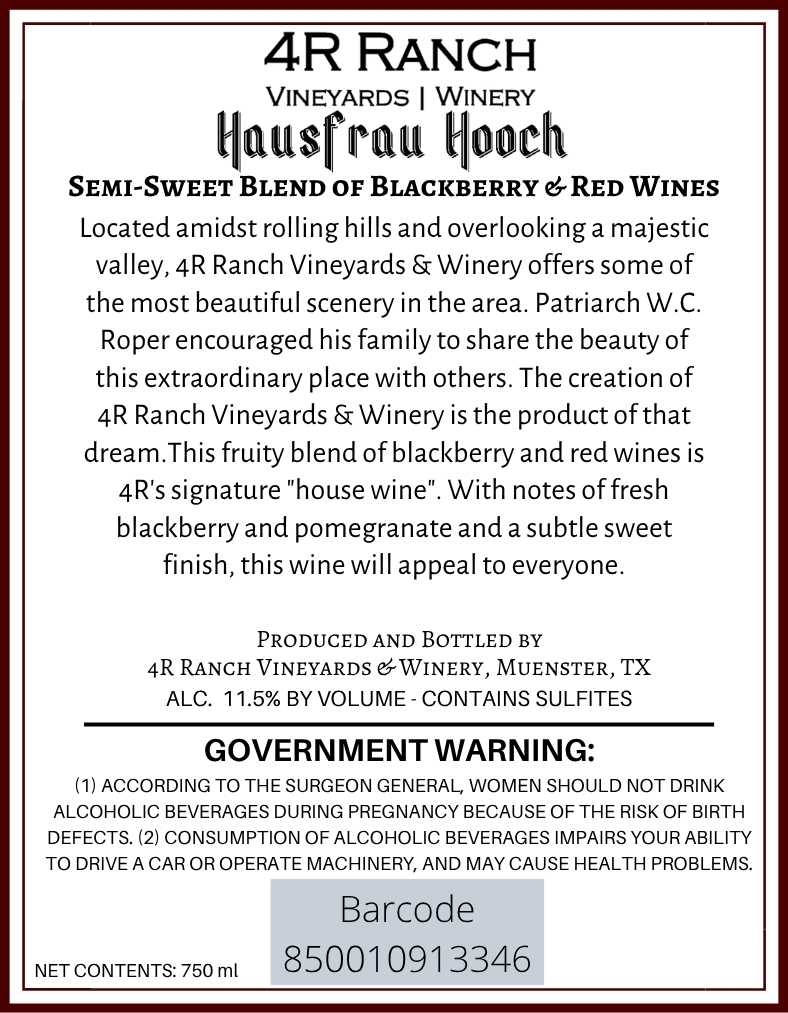 TABC label artwork for 4R RANCH VINEYARDS & WINERY HAUSFRAU HOOCH