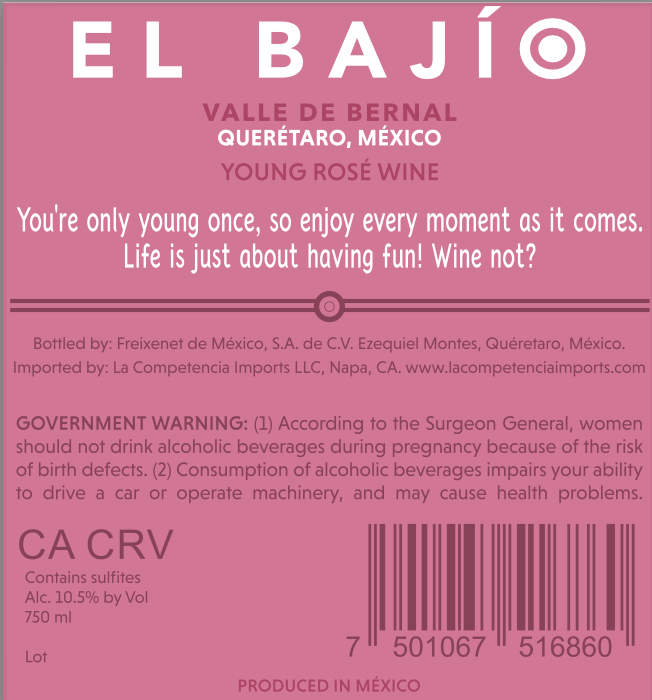 TABC label artwork for El Bajio Vino Rosado Joven