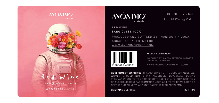 TABC label artwork for Anonimo Sangiovese Aguascalientes Red Wine