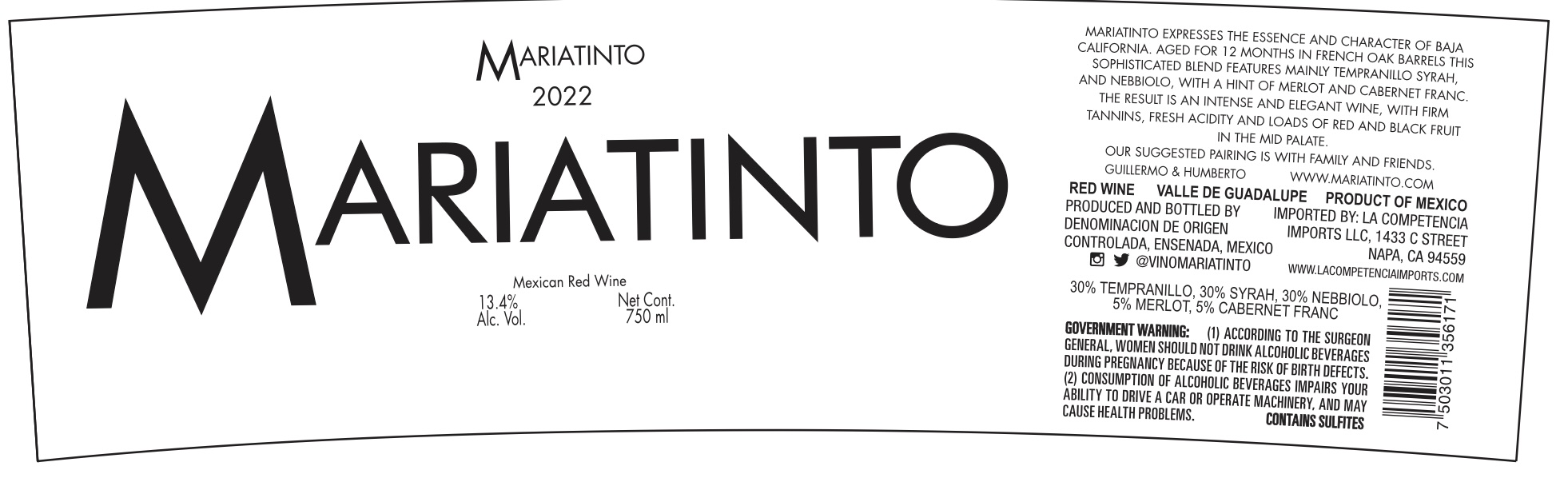 TABC label artwork for Mariatinto Red Wine