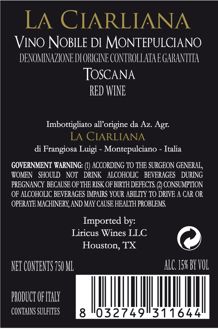 TABC label artwork for LA CIARLIANA VINO NOBILE DI MONTEPULCIANO TOSCANA