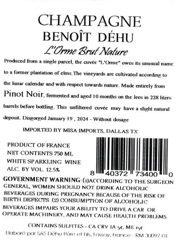 TABC label artwork for BENOIT DEHU L'ORME BRUT NATURE