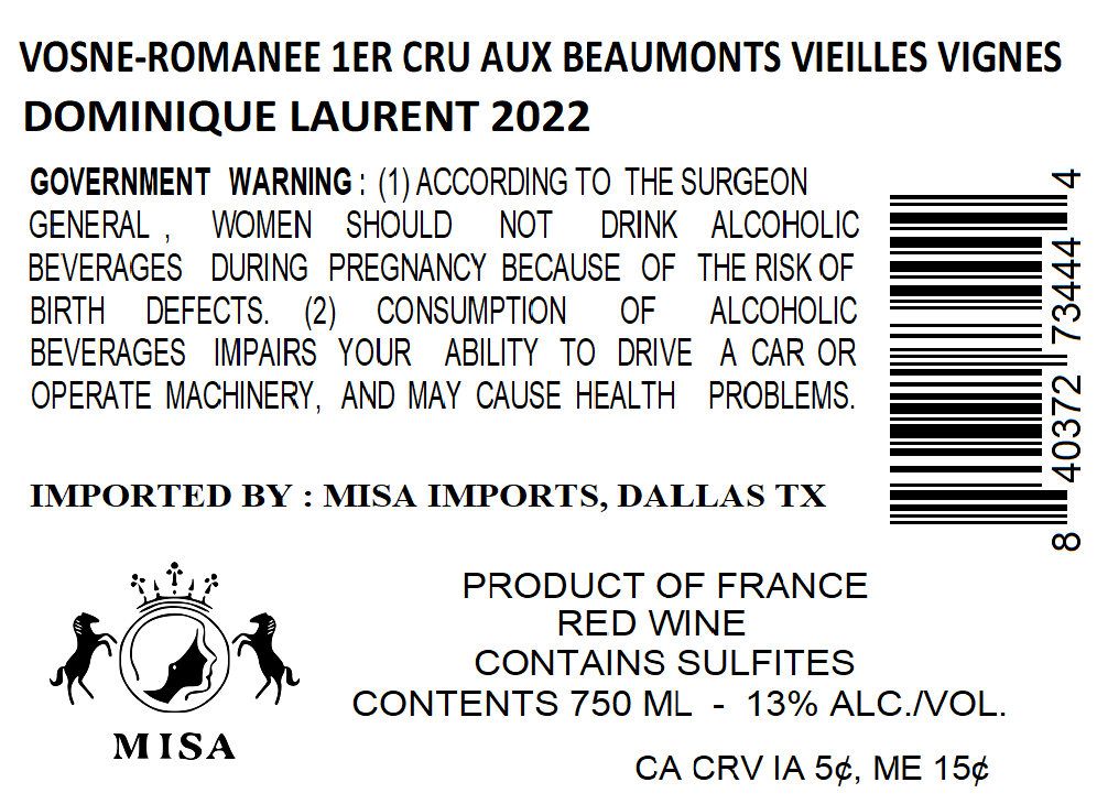 TABC label artwork for DOMINIQUE LAURENT AUX BEAUMONTS VIEILLES VIGNES