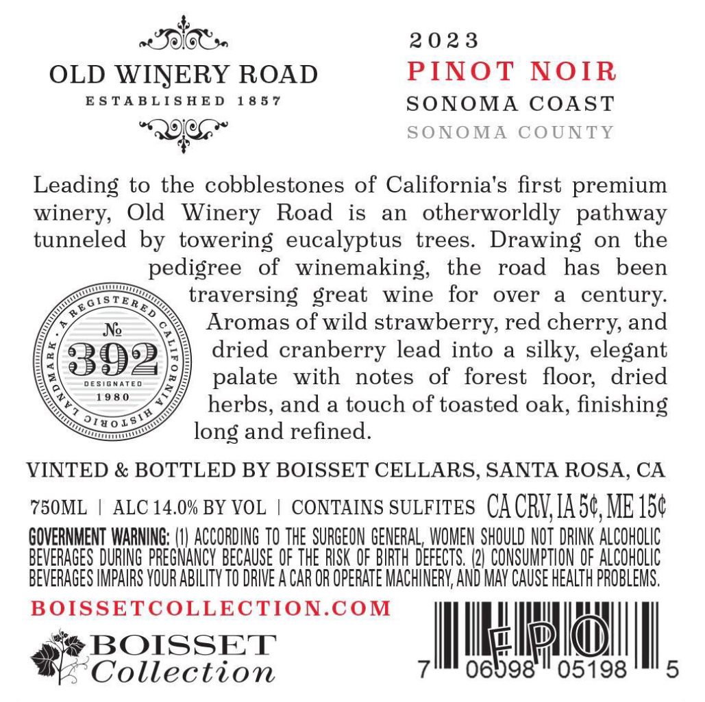 TABC label artwork for Old Winery Road Pinot Noir