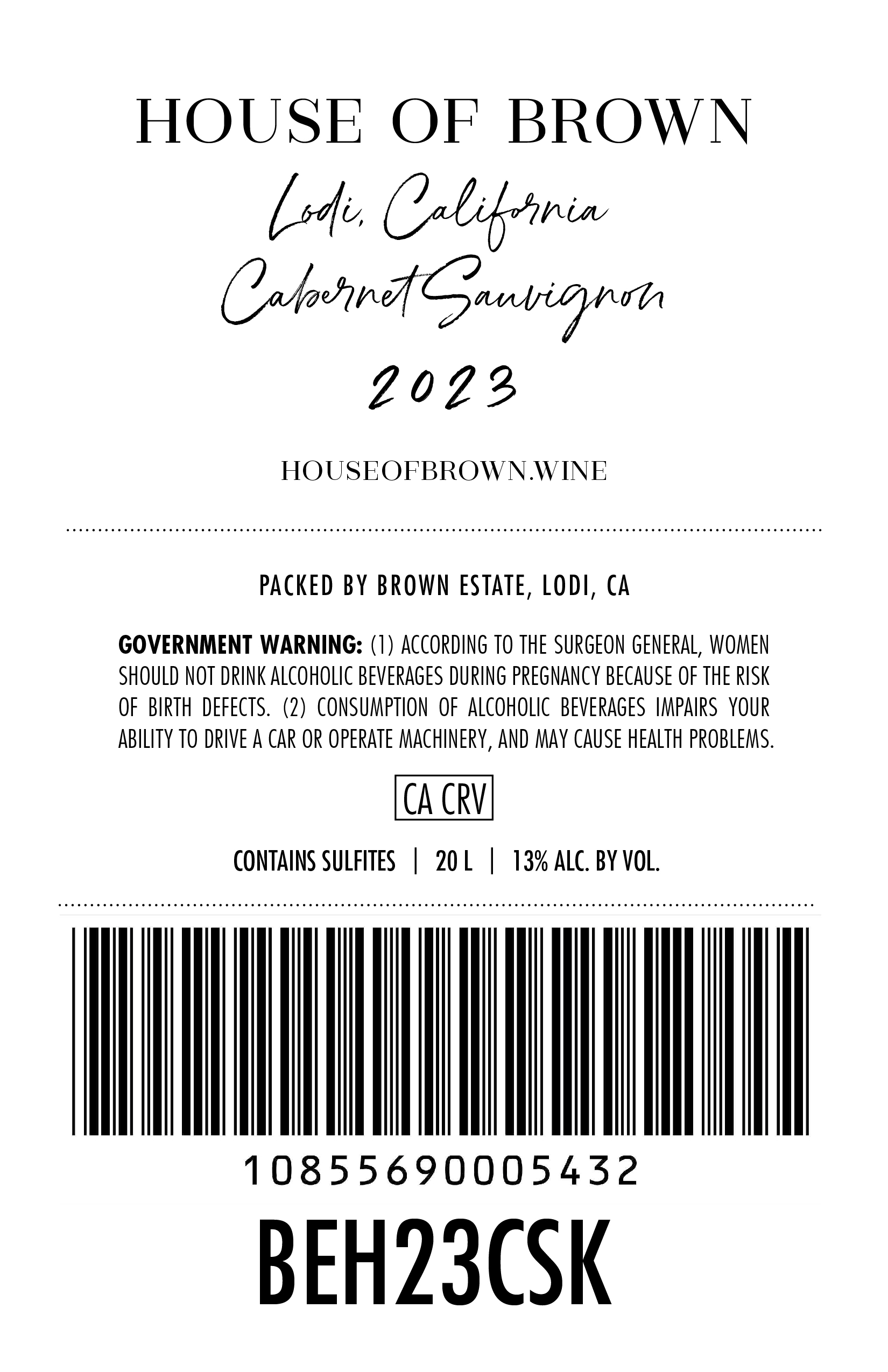 TABC label artwork for House of Brown Cabernet Sauvignon KEG