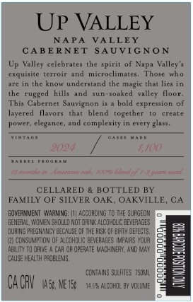 TABC label artwork for Up Valley by Silver Oak Cabernet Sauvignon Napa Valley