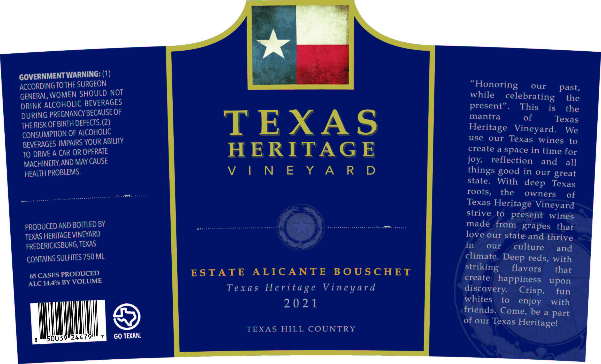 TABC label artwork for TEXAS HERITAGE VINEYARD 2021 ESTATE ALICANTE BOUSCHET