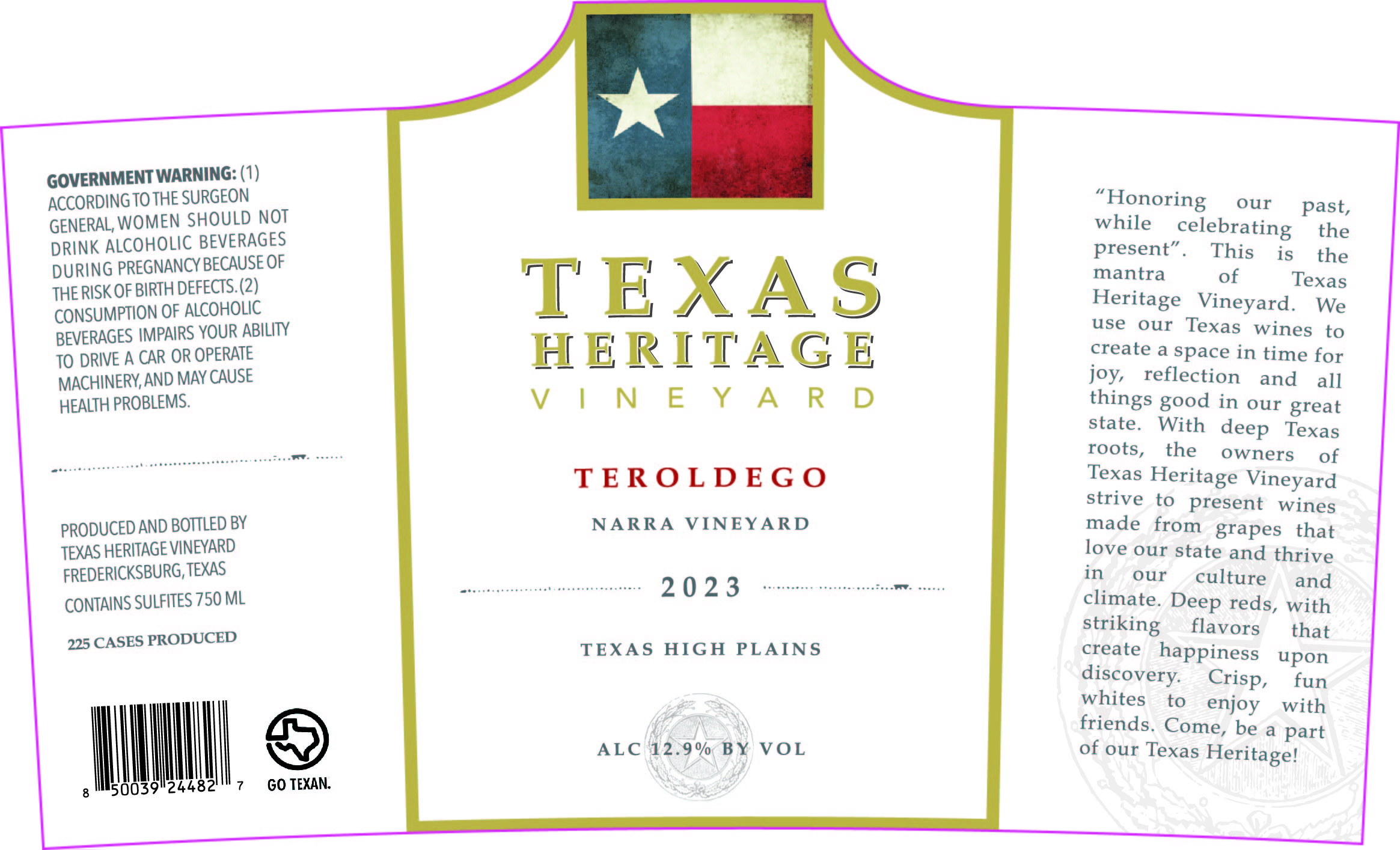 TABC label artwork for TEXAS HERITAGE VINEYARD 2023 TEROLDEGO