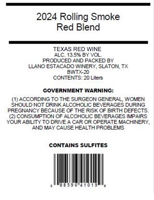 TABC label artwork for LLANO ESTACADO WINERY ROLLING SMOKE RED BLEND KEG