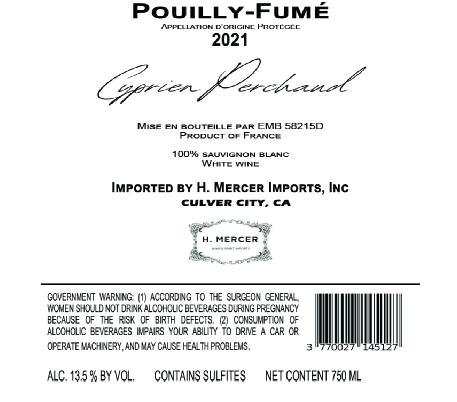 TABC label artwork for CYPRIEN PERCHAND SAUVIGNON BLANC POUILLY-FUME