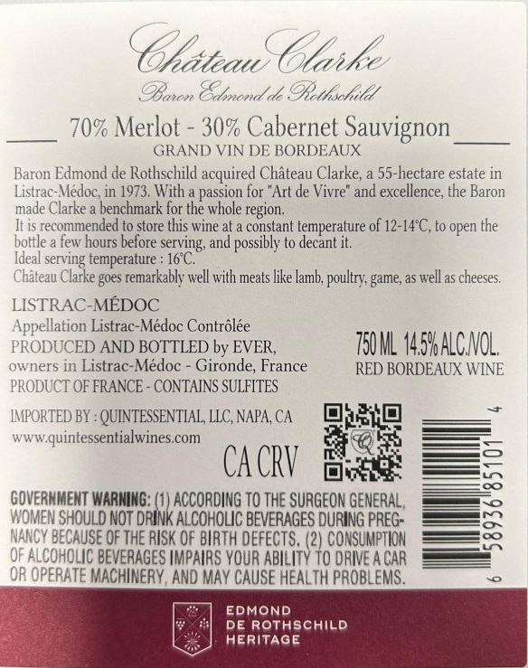 TABC label artwork for Chateau Clarke Merlot, Cabernet Sauvignon Listrac-Medoc