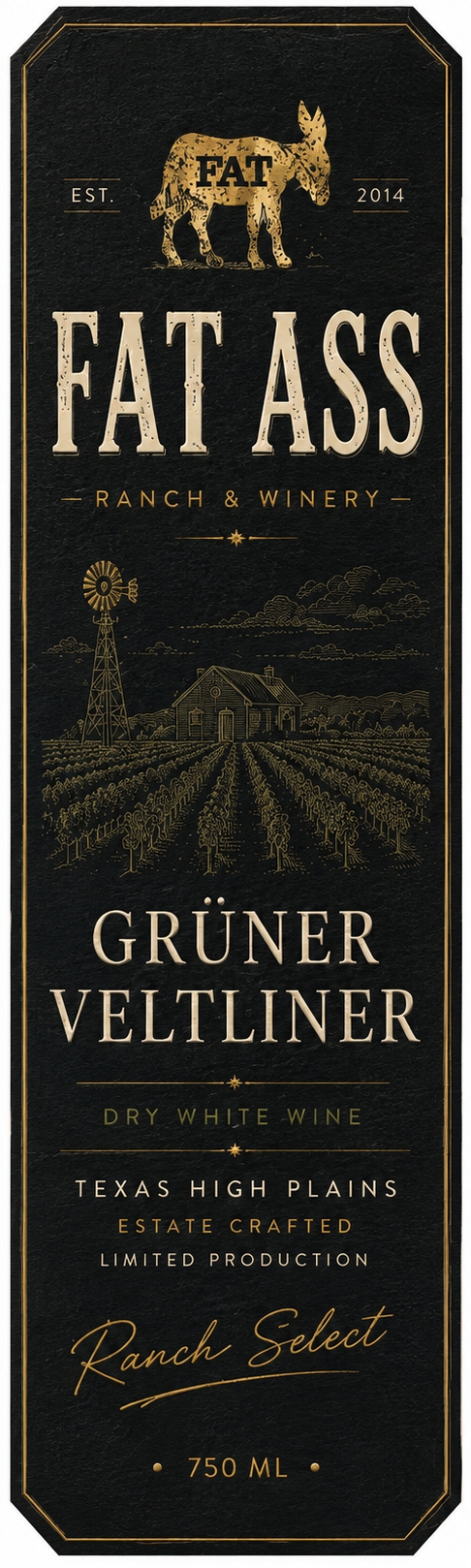 TABC label artwork for Fat Ass Ranch & Winery Grüner veltiner