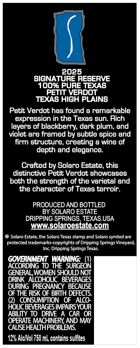TABC label artwork for Solaro Estate Signature Reserve Petit Verdot