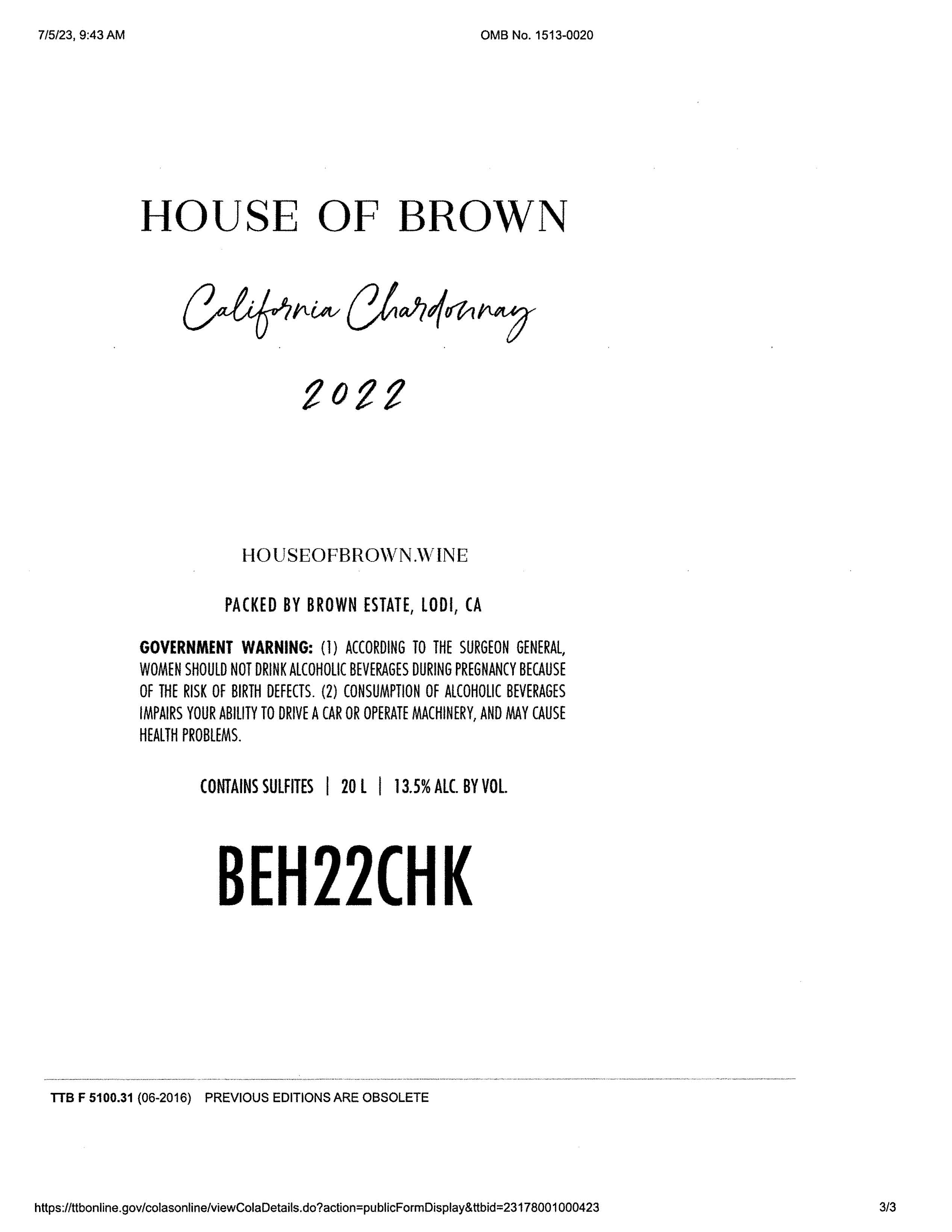 TABC label artwork for House of Brown California Chardonnay KEG