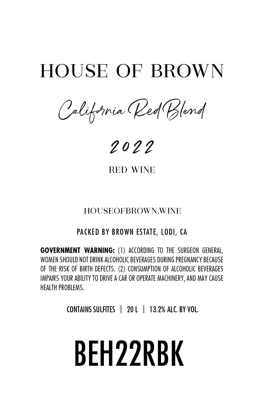 TABC label artwork for House of Brown California Red Blend Red Wine