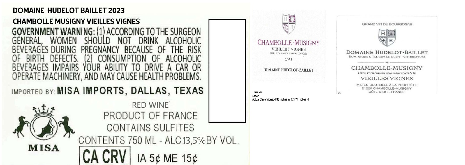 TABC label artwork for DOMAINE HUDELOT BAILLET CHAMBOLLE MUSIGNY VIEILLES VIGNES