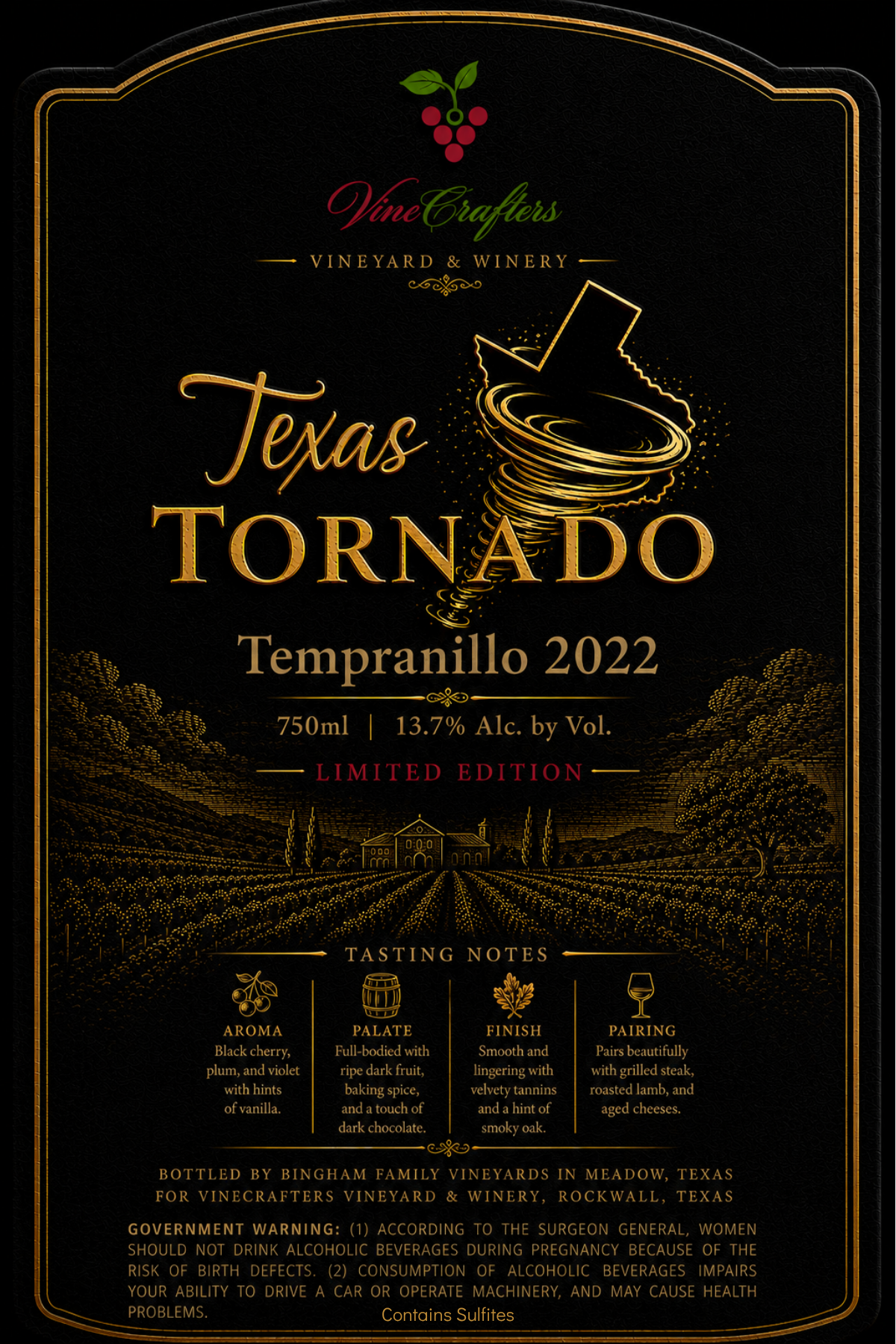 TABC label artwork for Vinecrafters 2022 Tornado
