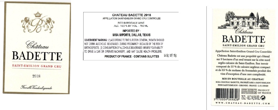 TABC label artwork for CHATEAU BADETTE SAINT EMILION GRAND CRU