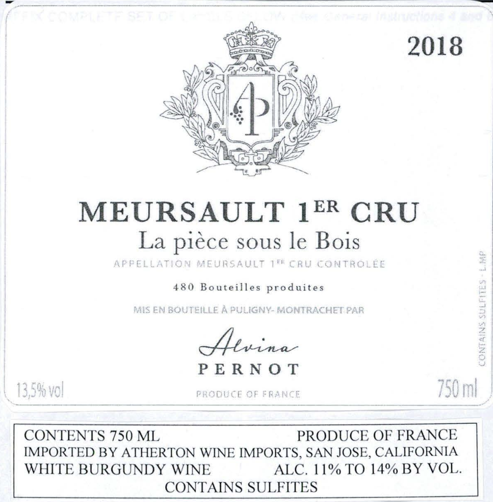 TABC label artwork for ALVINA PERNOT MEURSAULT LA PIECE SOUS LE BOIS