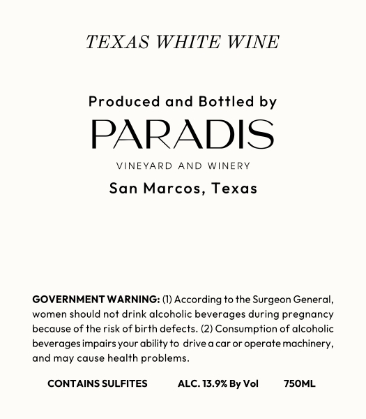 TABC label artwork for PARADIS VINEYARD AND WINERY ESTATE VIOGNIER