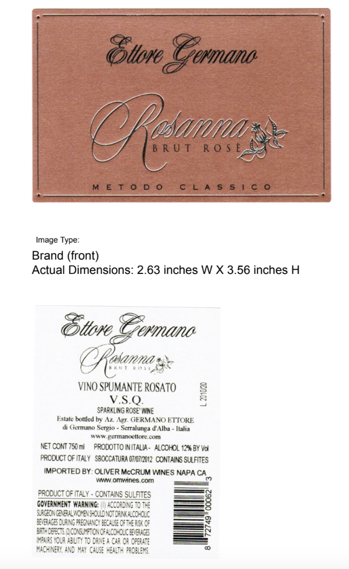 TABC label artwork for ETTORE GERMANO ROSANNA