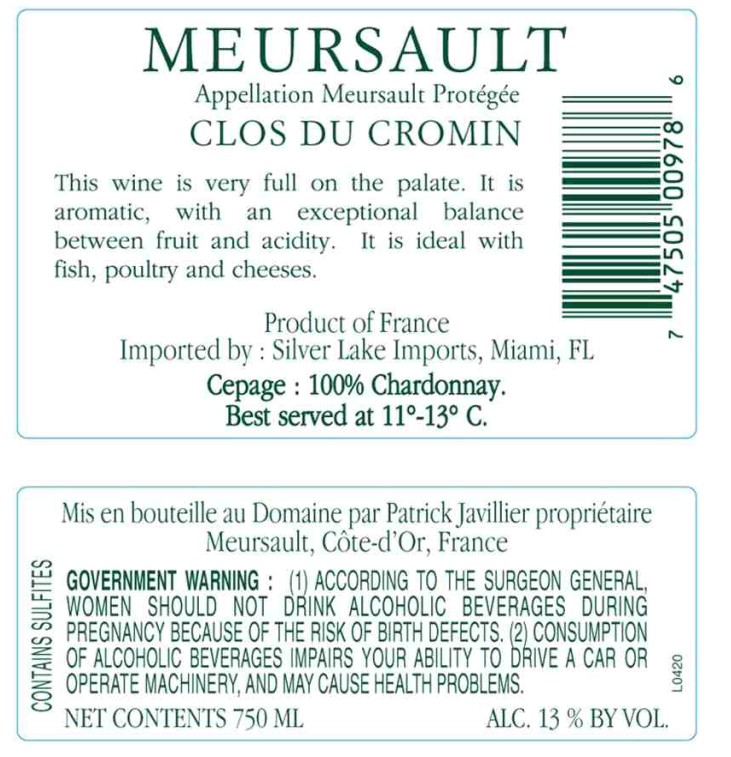 TABC label artwork for Javillier Meursault Clos du Cromin
