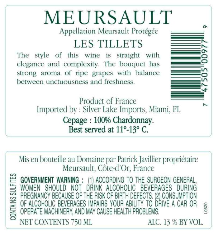 TABC label artwork for Javillier Meursault Les Tillets
