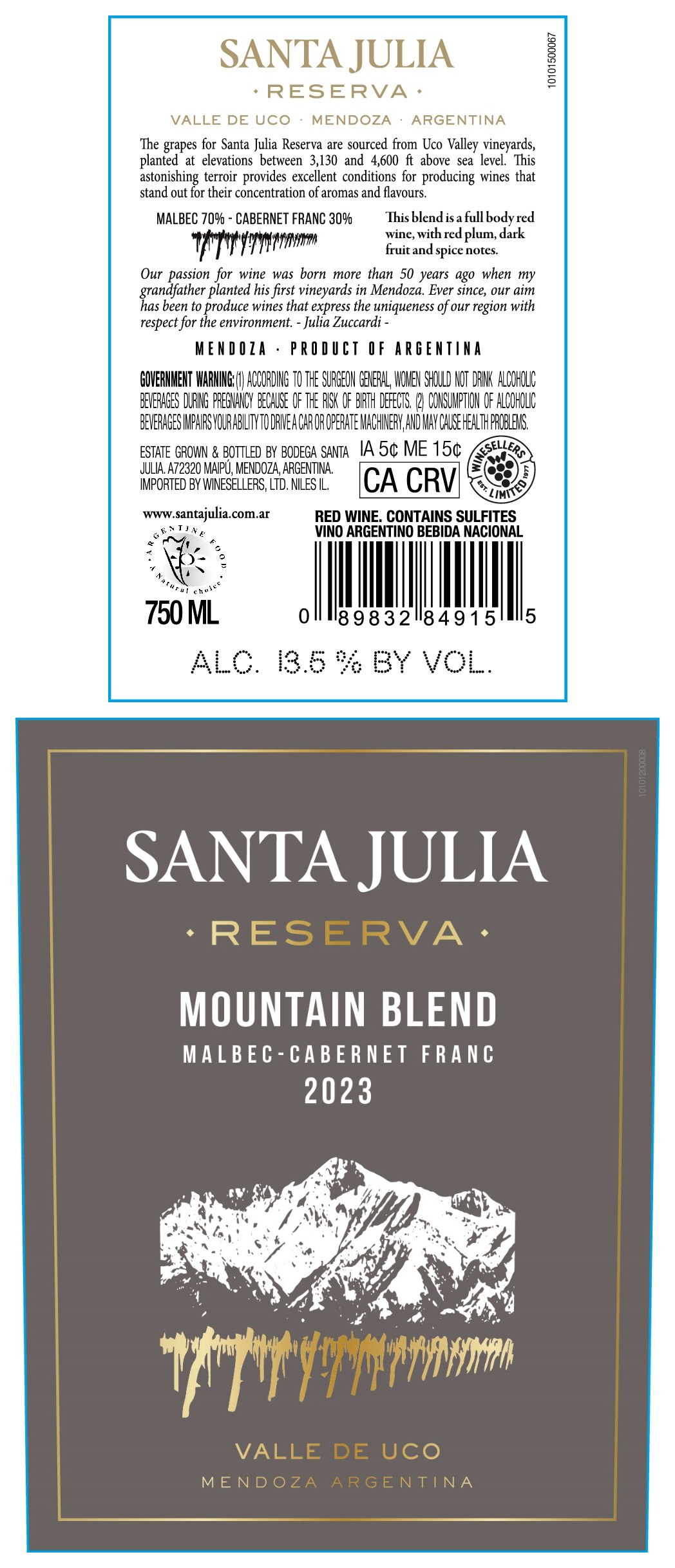 TABC label artwork for Santa Julia Red Blend Mountain Reserva