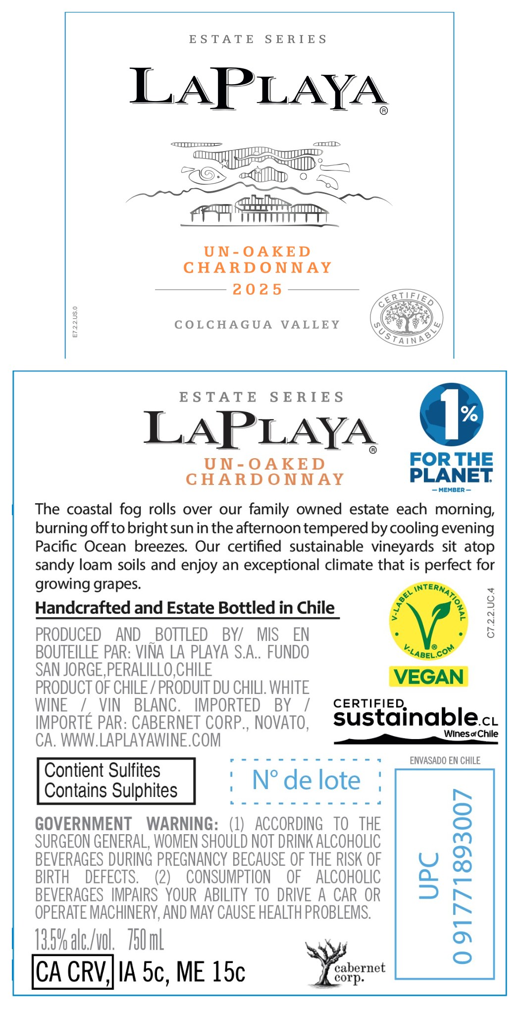 TABC label artwork for La Playa Estate Un-Oaked Chardonnay